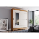 Armoire avec tiroirs Bayron en chêne cannelle naturel et beige, design moderne portes coulissantes