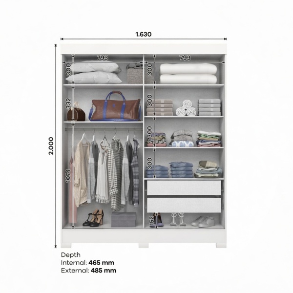 Dimensions armoire avec tiroirs Bayron 200x163 cm avec organisation intérieure détaillée