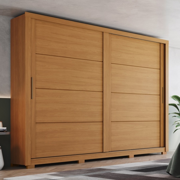 Armoire Genius portes coulissantes en chêne cannelle, design moderne et grande capacité