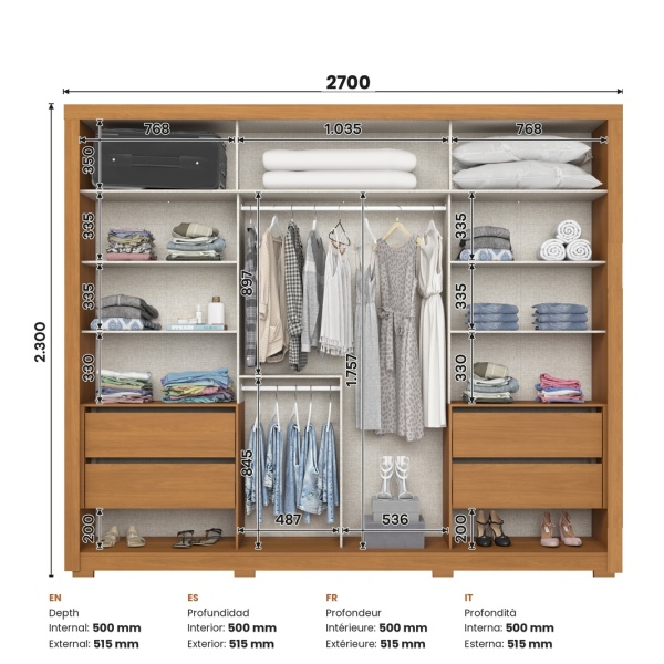Dimensions armoire Genius 270 cm avec agencement intérieur et profondeur optimisée