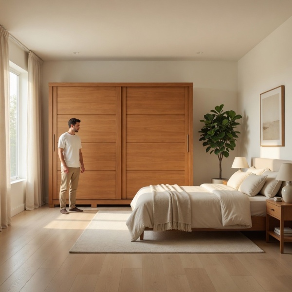 Armoire Genius dans chambre moderne en chêne cannelle avec portes coulissantes
