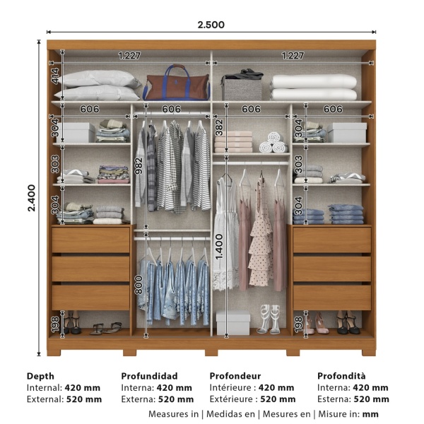 Dimensions armoire Rufus 250x240 cm avec aménagement intérieur et profondeur