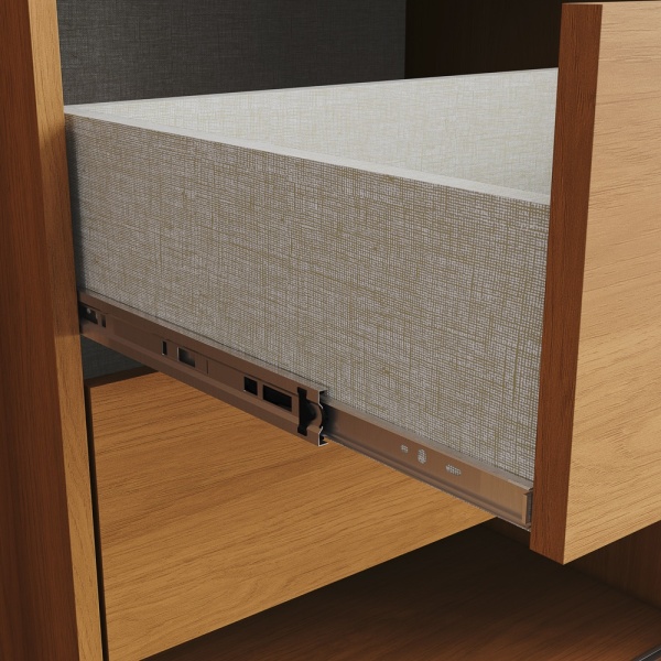 Détail tiroir avec glissières métalliques armoire Rufus, ouverture fluide et durable