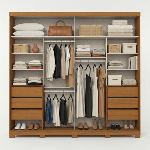Intérieur armoire Rufus avec étagères, tiroirs et tringles, organisation optimale