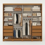 Intérieur armoire Rufus avec étagères, tiroirs et tringles, organisation optimale