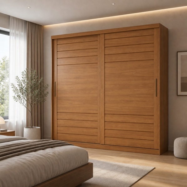 Armoire Rufus à portes coulissantes finition chêne chaud, style contemporain