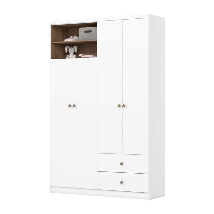 Armoire Gamil Vicawu 4 portes blanc brillant avec tiroirs et étagères décoratives