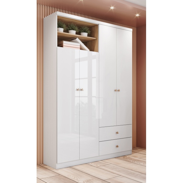 Armoire moderne Gamil Vicawu blanche avec détails bois pour chambre élégante