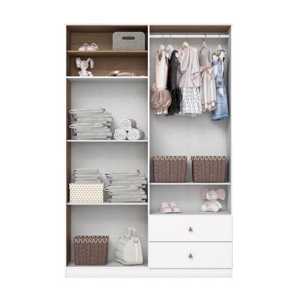 Intérieur de l’armoire enfant Gamil Vicawu avec étagères, penderie et tiroirs de rangement