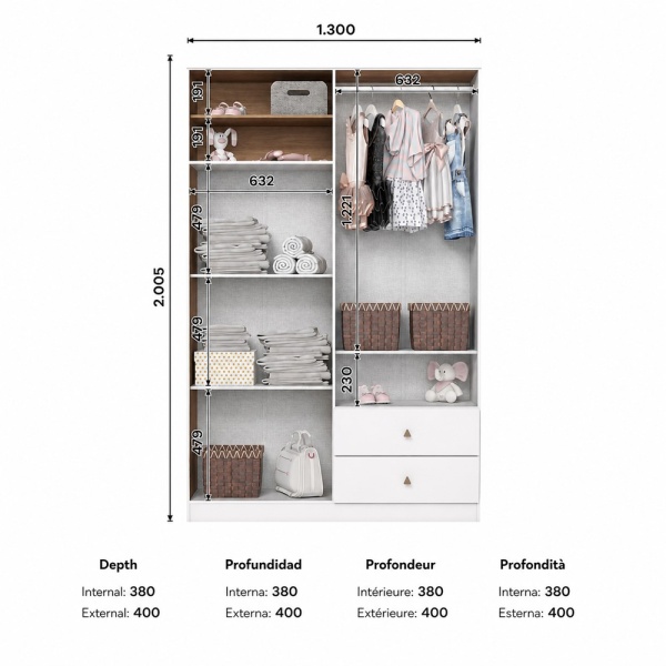 Dimensions de l’armoire enfant Gamil Vicawu 4 portes avec étagères et penderie