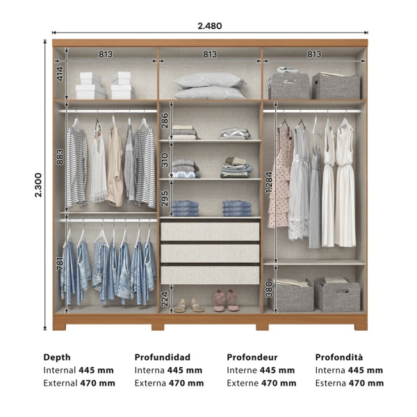 Dimensions de l’armoire Blenda Vicawu 6 portes avec tiroirs et rangement intérieur