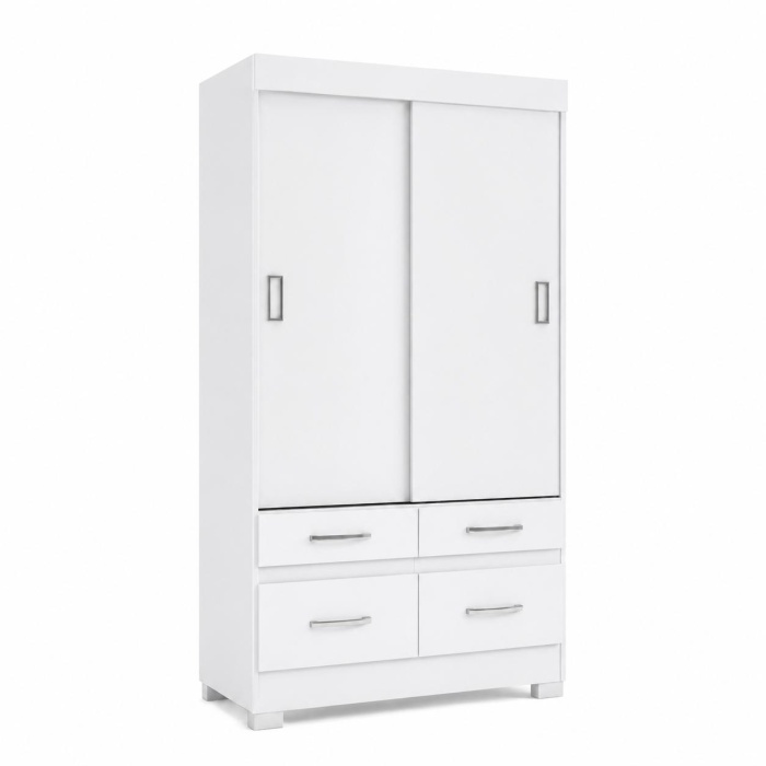 Armoire à portes coulissantes blanche avec quatre tiroirs, barre de suspension et étagères